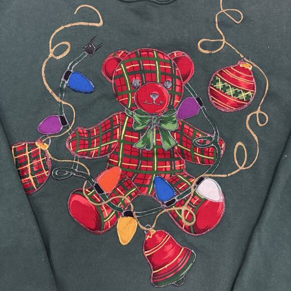 Vtg Christmas Plaid Teddy Bear XL Sweatshirt Puff Paint Holiday 80s 90s Grandma - Picture 2 of 9